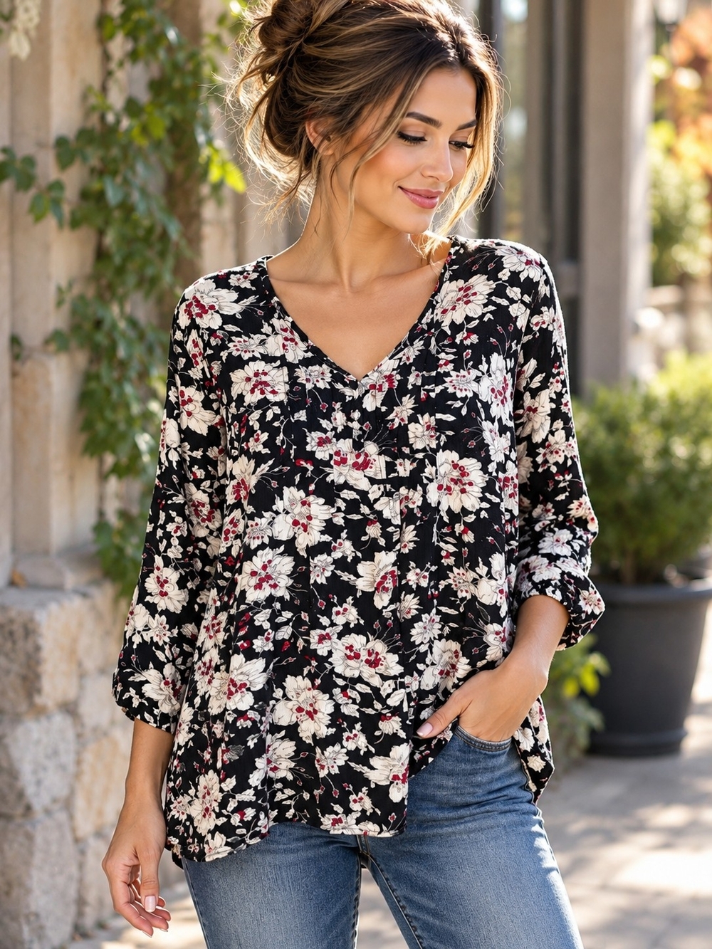 Fun2Fun Plus Size 2X Black Floral Pintuck Pleated V Neck Rayon Blouse